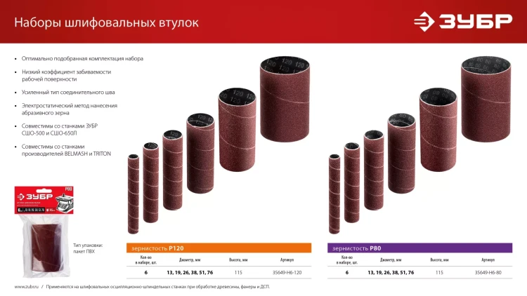 ЗУБР набор 6 шт: 13, 19, 26, 38, 51, 76 мм, высота 115 мм, Р120, втулки шлифовальные для станка СШО-500 МАСТЕР (35649-H6-120) купить в Перми