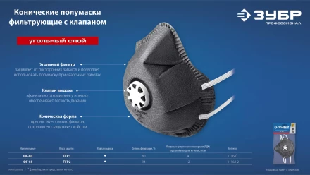 ЗУБР ФГ-95 коническая с угольным слоем, класс защиты FFP2, с клапаном выдоха, фильтрующая полумаска (11168-2) купить в Перми
