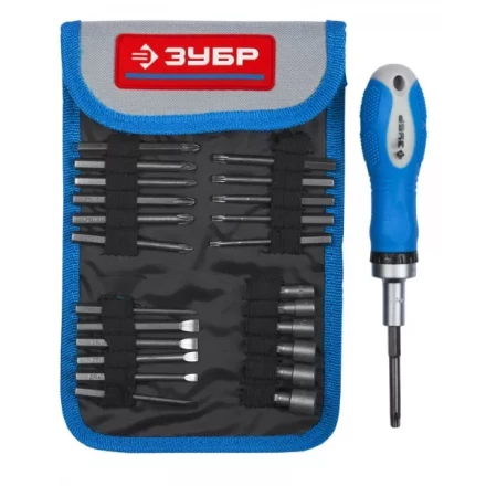 Набор ЗУБР Отвертка &quot;ЭКСПЕРТ&quot; реверcивная, 2-хкомп. ручка, биты 65мм, торцовые головки, 25пред. 25281-H25 купить в Перми
