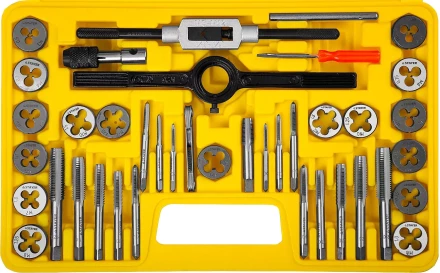 Набор метчиков и плашек STAYER &quot;MASTER&quot;, плашки 17шт, метчики 17шт, метчикодерж. 2шт, плашкодерж. 1шт, резьбомер 1шт, отвертка 1шт, 40 предметов 2805-H40_z01 купить в Перми