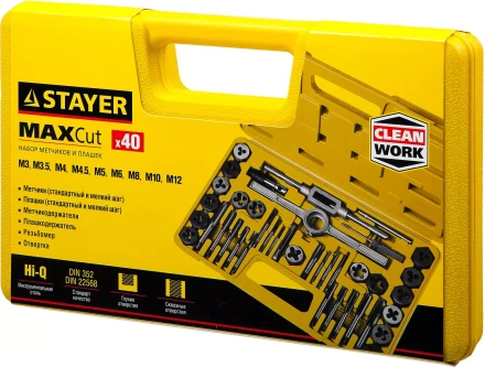 Набор метчиков и плашек STAYER &quot;MASTER&quot;, плашки 17шт, метчики 17шт, метчикодерж. 2шт, плашкодерж. 1шт, резьбомер 1шт, отвертка 1шт, 40 предметов 2805-H40_z01 купить в Перми