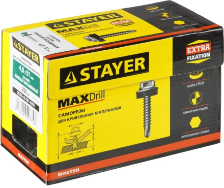 Саморезы СКД кровельные, RAL 6005 зеленый насыщенный, 51 х 4.8 мм, 250 шт, для деревянной обрешетки, STAYER 30305-48-051-6005 купить в Перми