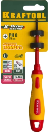 Отвертка KRAFTOOL, высоковольтная, Cr-Mo-V стержень, двухкомпонент. маслобензостойкая рукоятка, PH №0, 60мм 250084-0-060 купить в Перми
