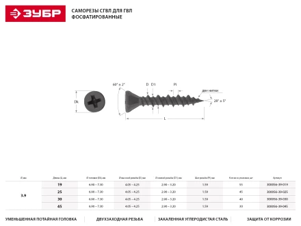 Саморезы ЗУБР &quot;МАСТЕР&quot; фосфатированные, для гипсоволоконных листов, двухзаходная резьба, 3.9x19мм, 55шт 300056-39-019 купить в Перми