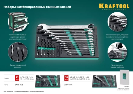 Наборы ключей комбинированных KRAFTOOL, Cr-V, DIN 3110, в EVA-ложементе 27079-H18E купить в Перми