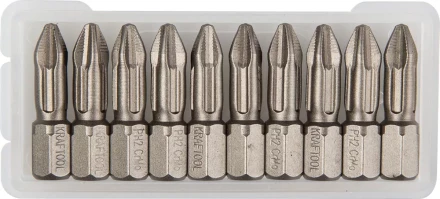 Биты &quot;ЕХPERT&quot; торсионные кованые, обточенные, KRAFTOOL 26121-2-25-10, Cr-Mo сталь, тип хвостовика C 1/4&quot;, PH2, 25мм, 10шт 26121-2-25-10 купить в Перми