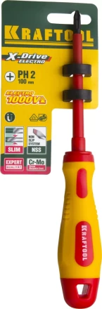 Отвертка KRAFTOOL, высоковольтная, Cr-Mo-V стержень, двухкомпонент. маслобензостойкая рукоятка, PH №2, 100мм 250084-2-100 купить в Перми