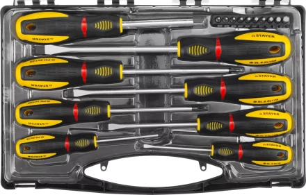 Набор STAYER &quot;PROFESSIONAL&quot; &quot;PROTech&quot;: Отвертки, Cr-Mo, двухком рукоят, отвертки 7шт, отвертка-битодержатель, биты 10шт 25133-H8_z02 купить в Перми