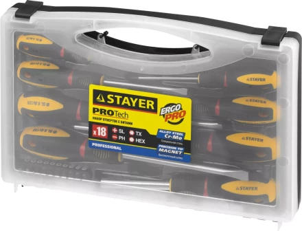 Набор STAYER &quot;PROFESSIONAL&quot; &quot;PROTech&quot;: Отвертки, Cr-Mo, двухком рукоят, отвертки 7шт, отвертка-битодержатель, биты 10шт 25133-H8_z02 купить в Перми