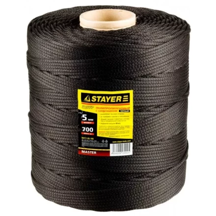 Шнур STAYER &quot;MASTER&quot; хозяйственно-бытовой, полипропиленовый, вязанный, с сердечником, черный, d 5, катушка 700м 50411-05-700 купить в Перми