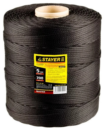 Шнур STAYER &quot;MASTER&quot; хозяйственно-бытовой, полипропиленовый, вязанный, с сердечником, черный, d 5, катушка 700м 50411-05-700 купить в Перми