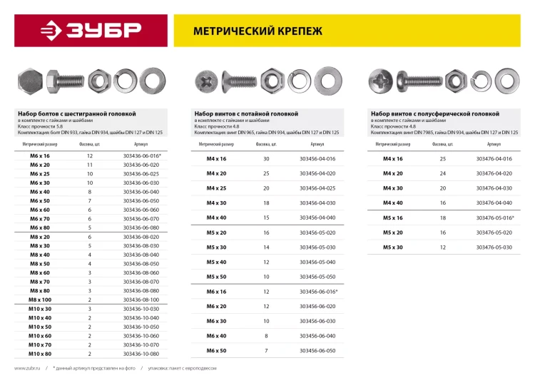 Болт (DIN933) в комплекте с гайкой (DIN934), шайбой (DIN125), шайбой пруж. (DIN127), M8 x 40 мм, 4 шт, ЗУБР 303436-08-040 купить в Перми