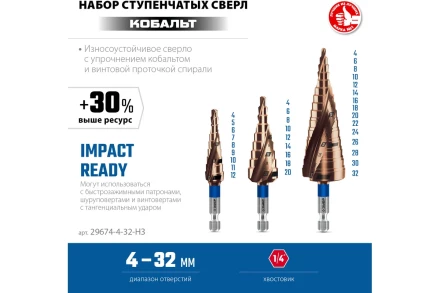 ЗУБР КОБАЛЬТ 3 шт, 4-32мм, винтовая проточка, набор ступенчатых сверл, ПРОФЕССИОНАЛ (29674-4-32-H3) купить в Перми