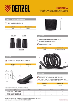 Шланг для пылесоса 4 м с адаптерами для Denzel RVC20, RVC30, LVC20, LVC30 28219 купить в Перми