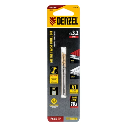 Сверло спиральное по металлу 3,2 x 65 мм, Р6М5, Golden Tip , 2шт. Denzel 718226 купить в Перми
