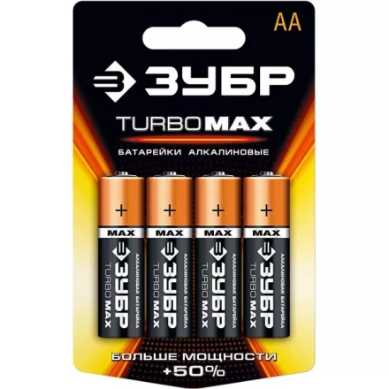 Батарейка ЗУБР &quot;TURBO MAX&quot; щелочная (алкалиновая), тип AA, 1,5В, 4шт на карточке 59206-4C купить в Перми