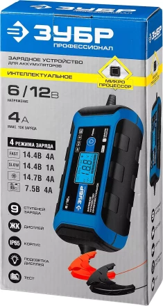 Зарядные устройства 4 А серия ПРОФЕССИОНАЛЗарядное устройство ЗУБР Профессионал 6/12 В, 4А, IP65, ЗУ-120 59300 купить в Перми
