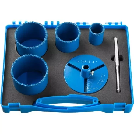 Набор кольцевых коронок ЗУБР &quot;ПРОФЕССИОНАЛ&quot; c карбид-вольфрамовым нанесением, 6 предм. в кейсе: коронки O 33, 53, 67, 73 мм, основание, сверло 33350-H6_z01 купить в Перми