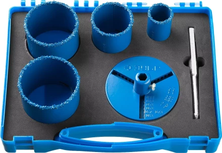 Набор кольцевых коронок ЗУБР &quot;ПРОФЕССИОНАЛ&quot; c карбид-вольфрамовым нанесением, 6 предм. в кейсе: коронки O 33, 53, 67, 73 мм, основание, сверло 33350-H6_z01 купить в Перми