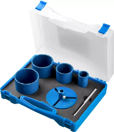 Набор кольцевых коронок ЗУБР &quot;ПРОФЕССИОНАЛ&quot; c карбид-вольфрамовым нанесением, 6 предм. в кейсе: коронки O 33, 53, 67, 73 мм, основание, сверло 33350-H6_z01 купить в Перми