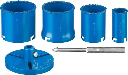 Набор кольцевых коронок ЗУБР &quot;ПРОФЕССИОНАЛ&quot; c карбид-вольфрамовым нанесением, 6 предм. в кейсе: коронки O 33, 53, 67, 73 мм, основание, сверло 33350-H6_z01 купить в Перми