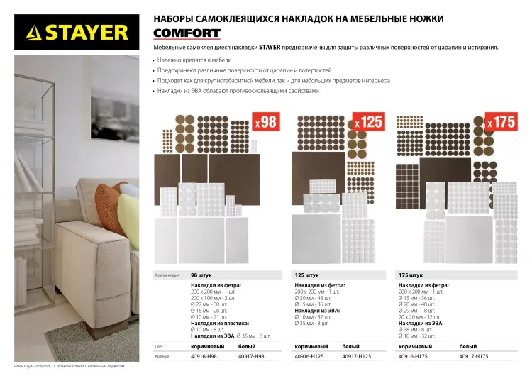 Набор STAYER "COMFORT": Накладки самоклеящиеся на мебельные ножки, 125 шт, коричневые 40916-H125 купить в Перми