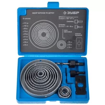 Набор ЗУБР &quot;ЭКСПЕРТ&quot; Коронки по дереву 19-127мм, державка 19-30мм, державка с опорн. основан, ключ имбус. 2,5мм, 15 пред 29554-H15_z01 купить в Перми
