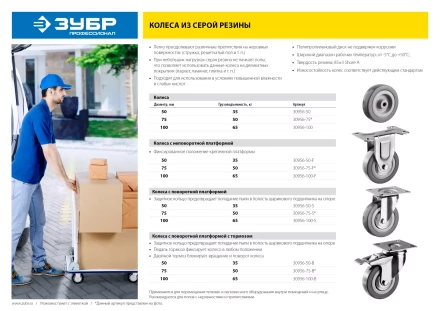 ЗУБР d 50 мм, г/п 35 кг, резина/полипропилен, колесо (30956-50) купить в Перми