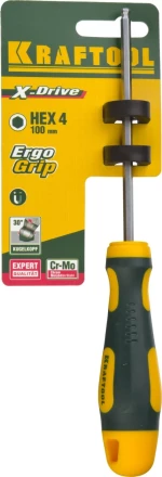 Отвертка KRAFTOOL, Cr-Mo-V сталь, двухкомпонентная противоскользящая рукоятка, HEX, №4x100мм 250075-4-100 купить в Перми