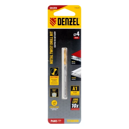 Сверло спиральное по металлу Denzel 4 x 75 мм, Р6М5, Golden Tip, 718229 купить в Перми