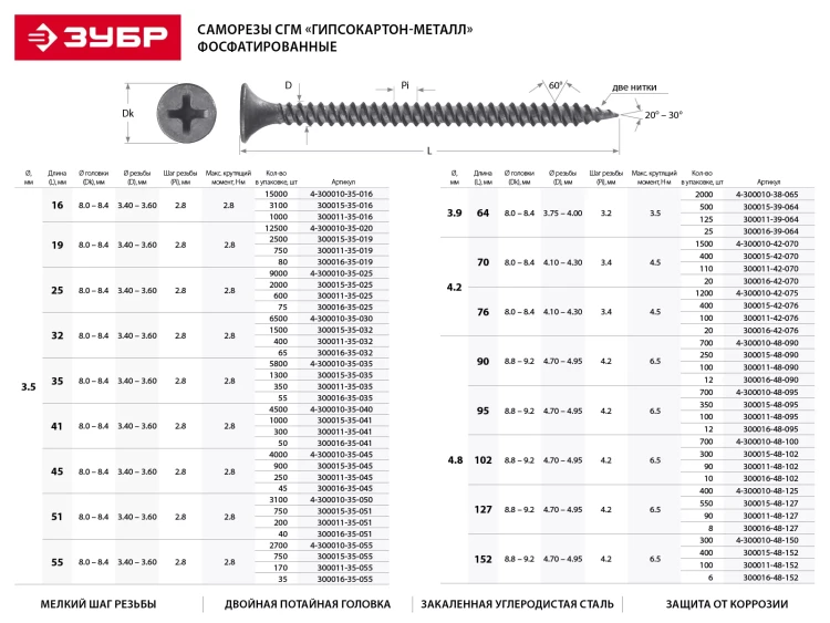 Саморезы фосфатированные с мелкой резьбой, гипсокартон-металл, ЗУБР 300015-48-090, PH2, 4,8 x 90 мм, 250 шт 300015-48-090 купить в Перми