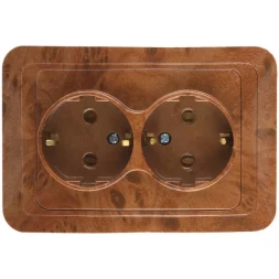 Розетка СВЕТОЗАР "ГАММА" с заземлением, двойная, цвет орех, 16А/~250В SV-54107-N