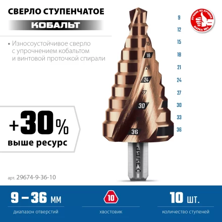 ЗУБР КОБАЛЬТ 9-36мм, 10 ступеней, винтовая проточка, сверло ступенчатое, ПРОФЕССИОНАЛ (29674-9-36-10) купить в Перми