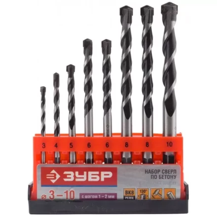 Набор ЗУБР Свёрла &quot;СУПЕР-6&quot; по бетону, ударные, с шестигранным хвостовиком, 3; 4; 5; 6; 6; 8; 8; 10мм, 8шт 2916-H8_z01 купить в Перми
