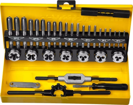 Набор метчиков и плашек STAYER &quot;MASTER&quot;, плашки 7шт, метчики компл. 21шт, метчикодерж. 1шт, плашкодерж. 1шт, резьбомер 1шт, отвертка 1шт, 32 предмета 28014-H32 купить в Перми