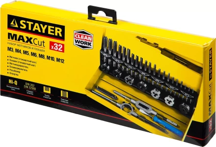 Набор метчиков и плашек STAYER &quot;MASTER&quot;, плашки 7шт, метчики компл. 21шт, метчикодерж. 1шт, плашкодерж. 1шт, резьбомер 1шт, отвертка 1шт, 32 предмета 28014-H32 купить в Перми
