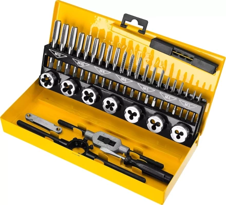 Набор метчиков и плашек STAYER &quot;MASTER&quot;, плашки 7шт, метчики компл. 21шт, метчикодерж. 1шт, плашкодерж. 1шт, резьбомер 1шт, отвертка 1шт, 32 предмета 28014-H32 купить в Перми