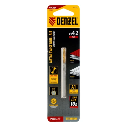 Сверло спиральное по металлу Denzel 4,2 x 75 мм, Р6М5, Golden Tip, 718230 купить в Перми