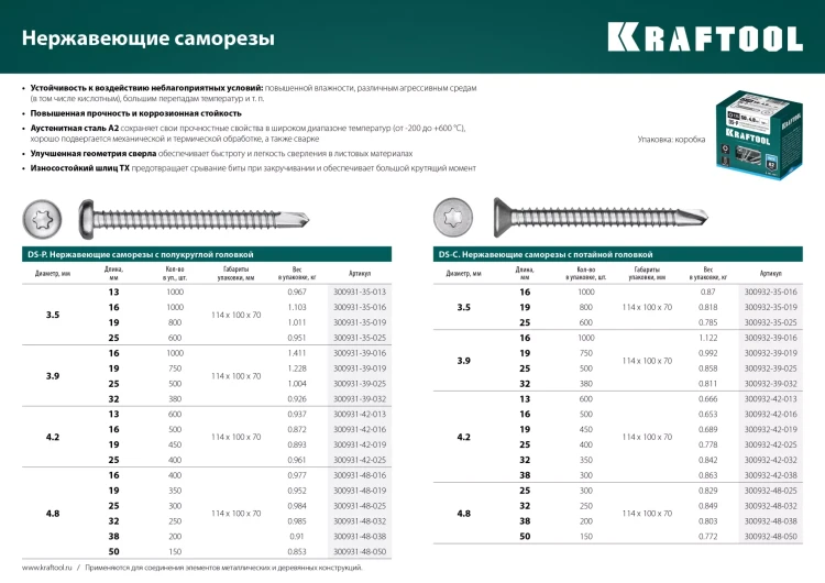 Нержавеющие саморезы DS-P с полукруглой головкой, коробка 300931-35-016 купить в Перми