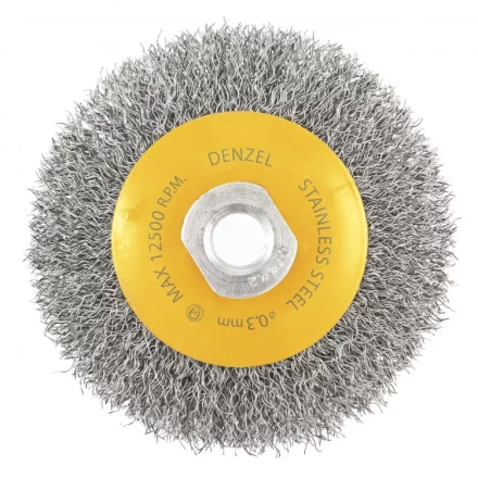 Щетка для УШМ 100 мм Тарелка витая нержавеющая проволока 0.3 мм М14 Denzel 746083 купить в Перми