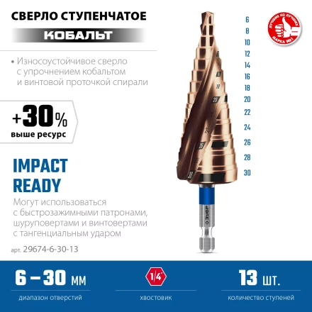 ЗУБР КОБАЛЬТ 6-30мм, 13 ступеней, винтовая проточка, сверло ступенчатое, ПРОФЕССИОНАЛ (29674-6-30-13) купить в Перми