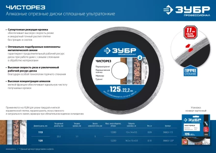 ЗУБР Чисторез, 115 мм, (22.2 мм, 5 х 1.1 мм), сплошной алмазный диск, Профессионал (36663-115) купить в Перми