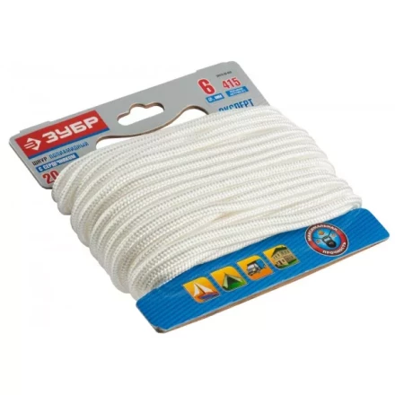 Шнур ЗУБР полиамидный, плетеный, повышенной нагрузки, с сердечником, белый, d 6, 20м 50310-06-020 купить в Перми