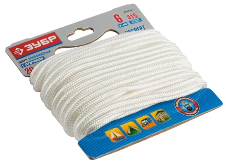 Шнур ЗУБР полиамидный, плетеный, повышенной нагрузки, с сердечником, белый, d 6, 20м 50310-06-020 купить в Перми