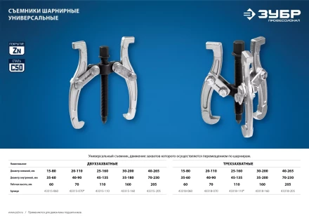 ЗУБР внешний d 30 - 200 мм, внутренний d 35 - 200 мм, шарнирный трехзахватный съемник, Профессионал (43318-160) купить в Перми