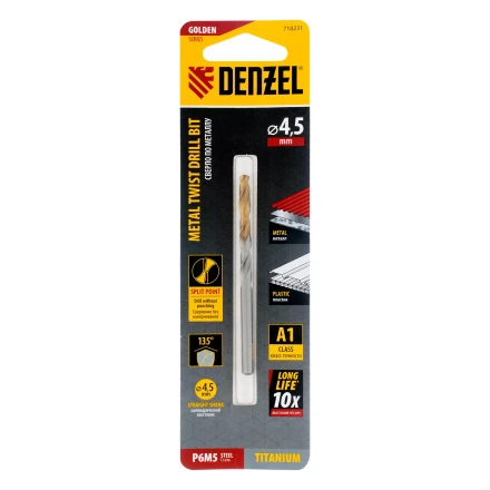 Сверло спиральное по металлу Denzel 4,5 x 80 мм, Р6М5, Golden Tip, 718231 купить в Перми