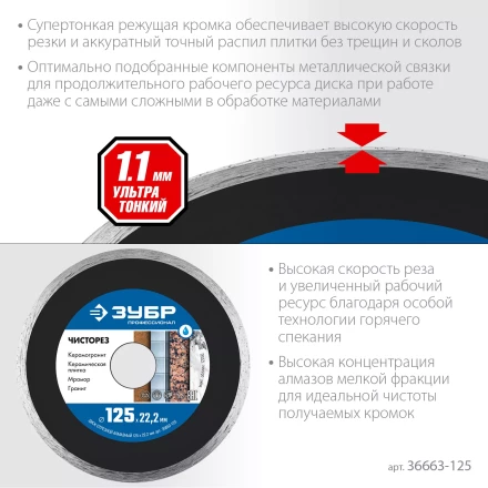 ЗУБР Чисторез, 125 мм, (22.2 мм, 5 х 1.1 мм), сплошной алмазный диск, Профессионал (36663-125) купить в Перми