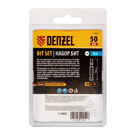 Бита SL6,0х50, сталь S2, шестигранный профиль, 10 шт. Е 6,3 Denzel 11660 купить в Перми