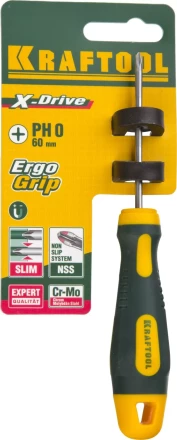 Отвертка KRAFTOOL, Cr-Mo-V сталь, двухкомпонентная противоскользящая рукоятка, PH, №0x60мм 250072-0-060 купить в Перми