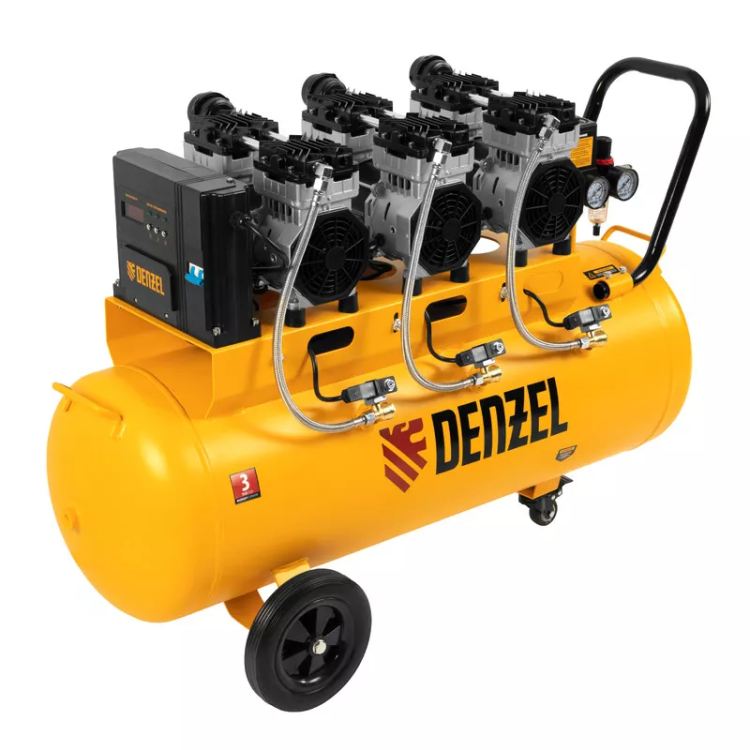 Компрессор безмасляный, малошумный  DLS 2250/100, 2250 Вт, 3x750, 100 л, 410 л/мин блок управления/ Denzel 58029 купить в Перми